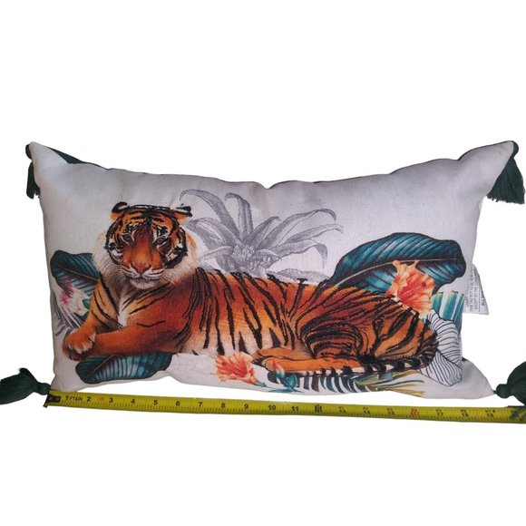 Jo-Ann Stores Royal Bengal Tiger Accent Pillow with Tassles White Green Decor - Picture 9 of 9